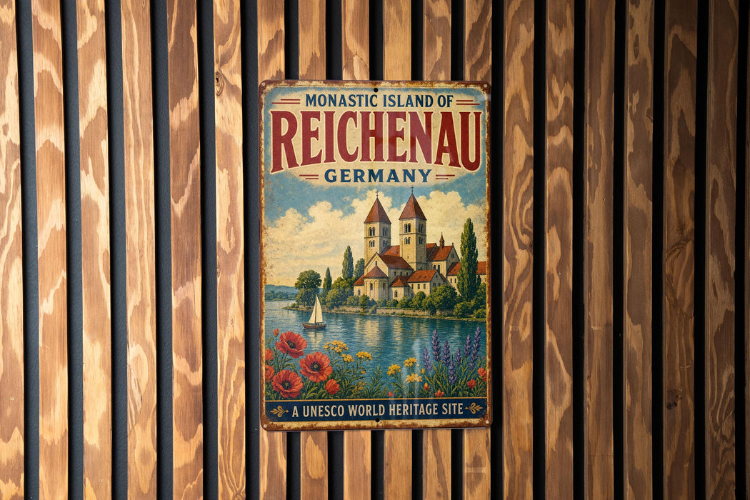 a vintage-style metal sign with the text "MONASTIC ISLAND OF REICHENAU GERMANY" and a picture of a castle on a lake.