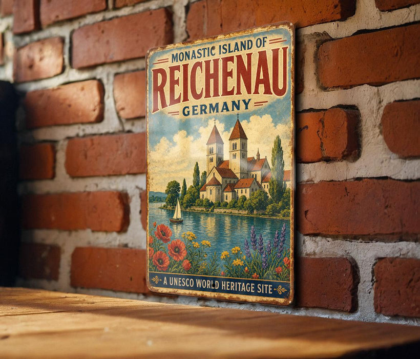 A vintage metal sign on a brick wall, featuring an illustration of a castle and a lake, with the text "MONASTIC ISLAND OF REICHENAU GERMANY" and "A UNESCO WORLD HERITAGE SITE".