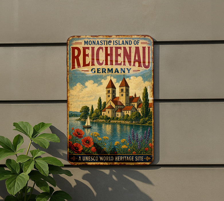 A vintage-style metal sign for the Monastic Island of Reichenau, Germany, featuring a castle, flowers, and a lake.