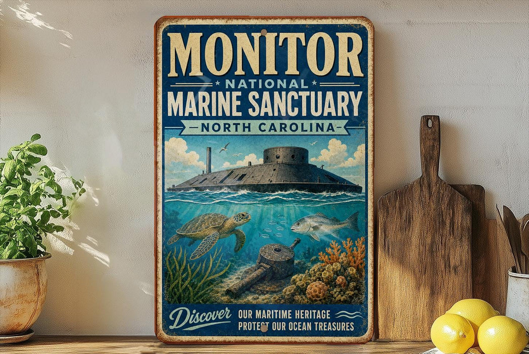 a vintage-style poster for the Monitor National Marine Sanctuary in North Carolina, depicting a submarine surrounded by marine life and coral.