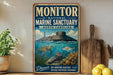 a vintage-style poster for the Monitor National Marine Sanctuary in North Carolina, depicting a submarine surrounded by marine life and coral.