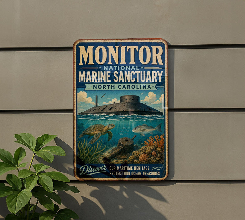 A vintage metal sign for the Monitor National Marine Sanctuary in North Carolina, featuring an illustration of a marine scene with a lighthouse and marine life.