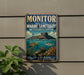 A vintage metal sign for the Monitor National Marine Sanctuary in North Carolina, featuring an illustration of a marine scene with a lighthouse and marine life.
