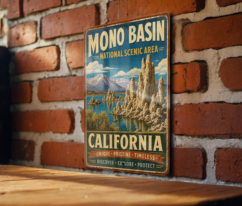 A vintage-style metal sign for the Mono Basin National Scenic Area in California, featuring a scenic landscape with mountains, water, and a lake.