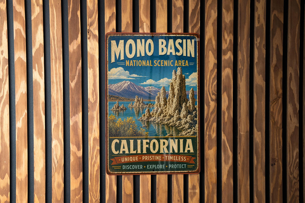 A vintage-style metal sign for the Mono Basin National Scenic Area in California, featuring a scenic landscape with mountains, water, and unique rock formations.