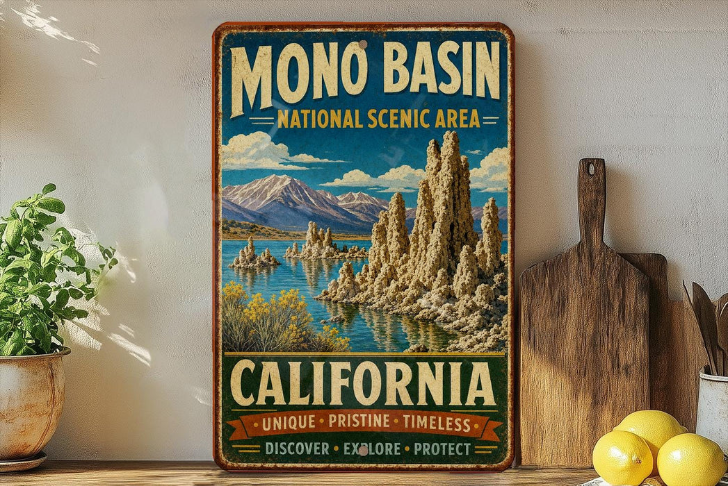 A vintage-style sign for the Mono Basin National Scenic Area in California, featuring a scenic landscape with mountains, water, and a lake.