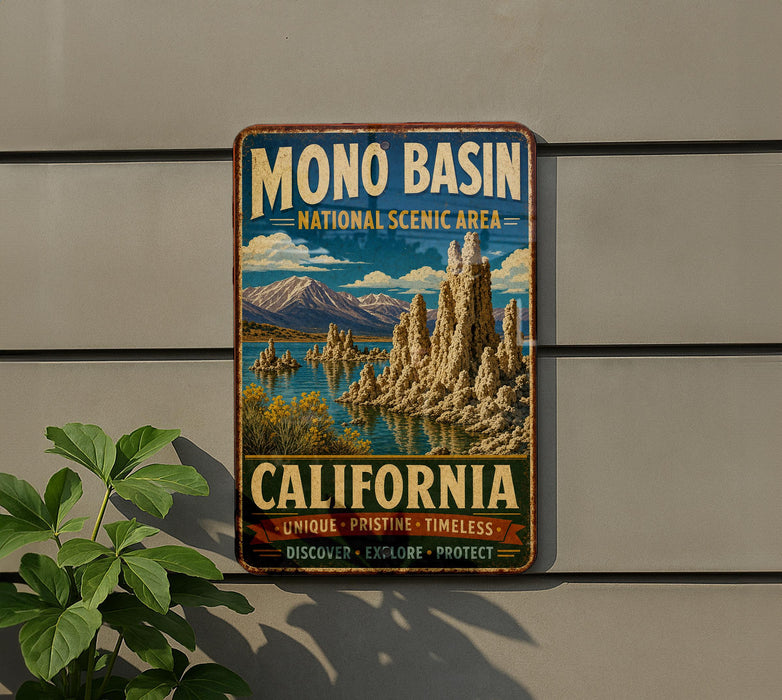 A vintage-style metal sign for the Mono Basin National Scenic Area in California, featuring a scenic landscape with mountains, water, and unique rock formations.