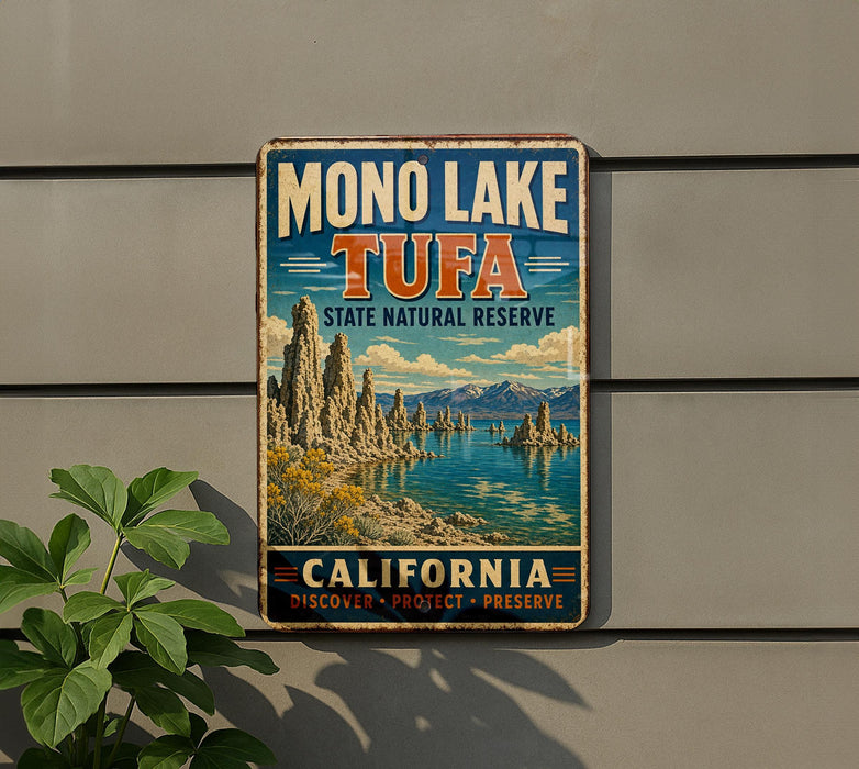 A vintage metal sign for the Mono Lake Tufa State Natural Reserve in California, featuring a scenic landscape with mountains, water, and vegetation.