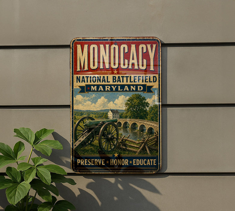 A vintage metal sign with the text "MONOCACY NATIONAL BATTLEFIELD MARYLAND" and an image of a cannon and a bridge, mounted on a wall.