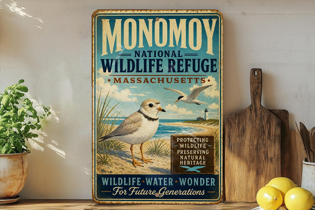 A vintage-style metal sign for the Monomoy National Wildlife Refuge in Massachusetts, featuring an illustration of a bird on a beach and text promoting the refuge's mission to protect wildlife, preserve natural heritage, and provide a wildlife-water-wonder for future generations.