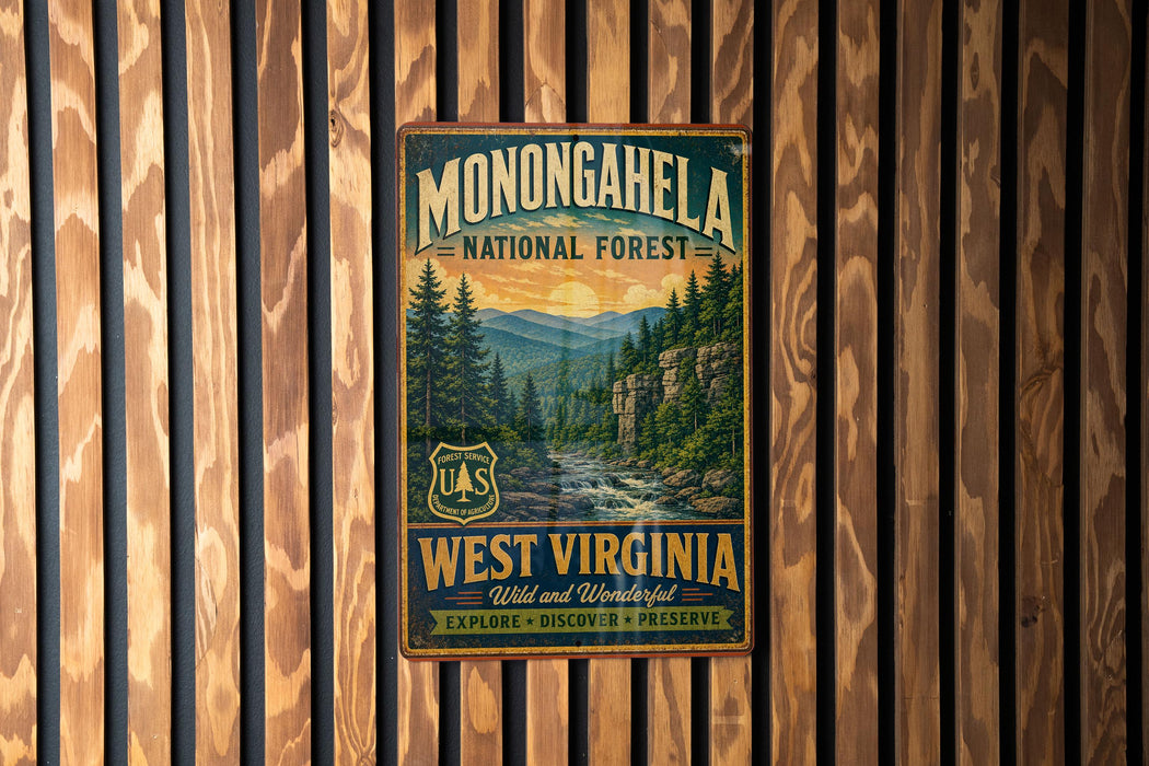 a vintage-style metal sign for Monongahela National Forest, which is hanging on a wooden wall.