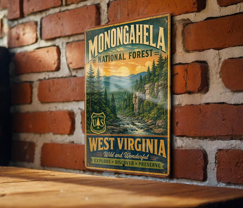 A vintage-style metal sign for Monongahela National Forest, featuring a scenic mountain landscape with pine trees and a river.
