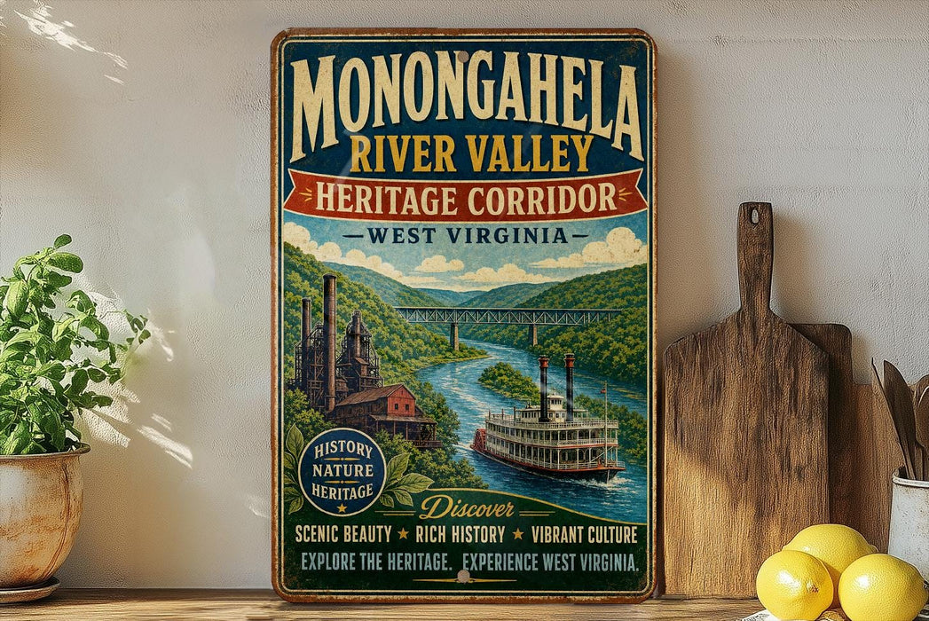 a vintage-style sign for Monongahela River Valley, West Virginia, with a scenic illustration of a river, bridge, and buildings.