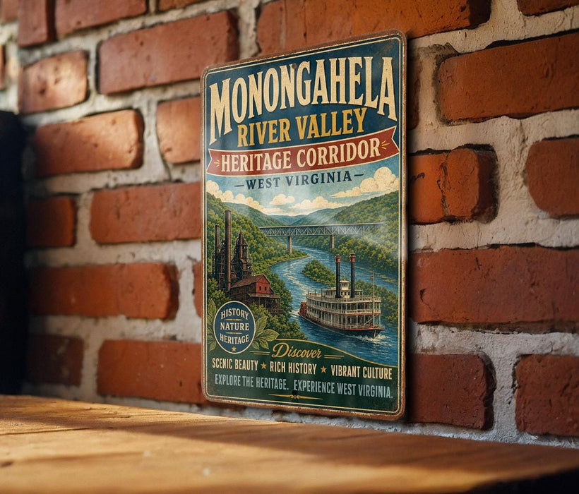 A vintage-style metal sign for Monongahela River Valley, West Virginia, featuring a river, bridge, and text promoting the area's heritage and natural beauty.