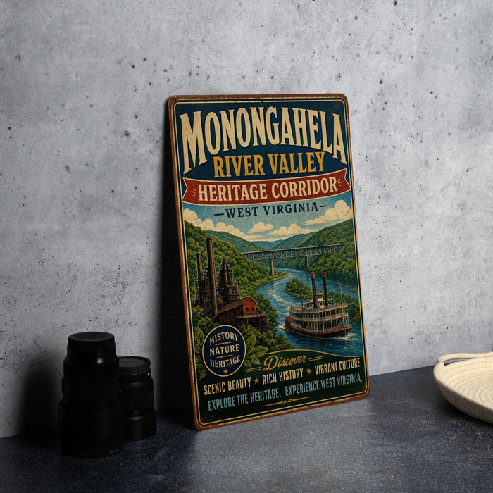 A vintage-style metal sign for the Monongahela River Valley Heritage Corridor, featuring a scenic illustration of the river and surrounding landscape.