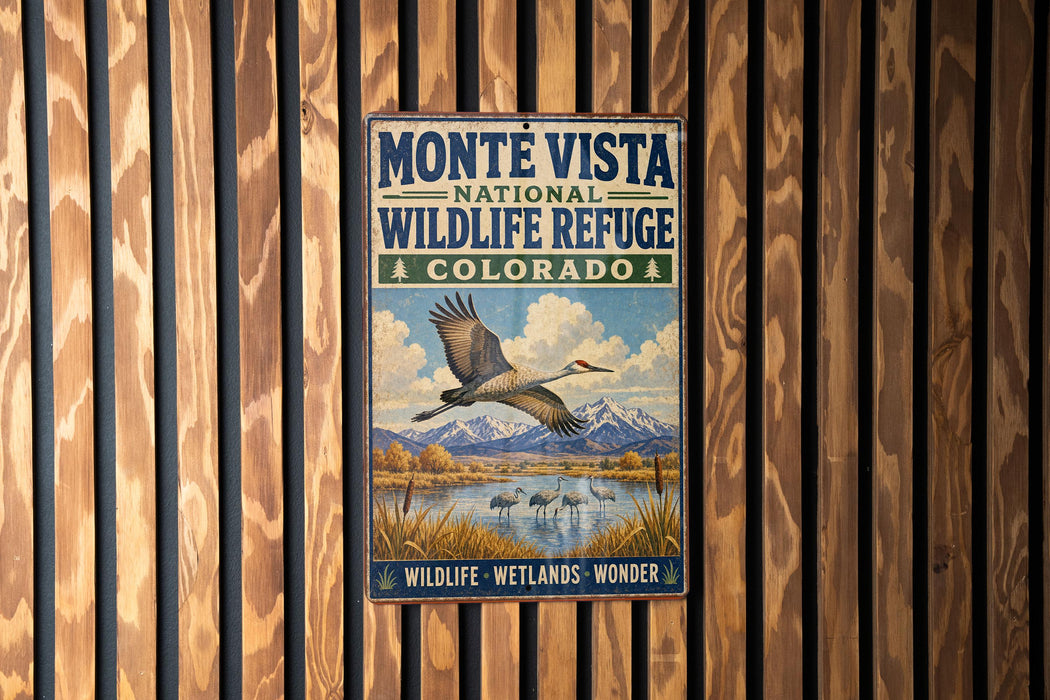 A vintage-style metal sign for the Monte Vista National Wildlife Refuge in Colorado, featuring a bird in flight and a scenic landscape.