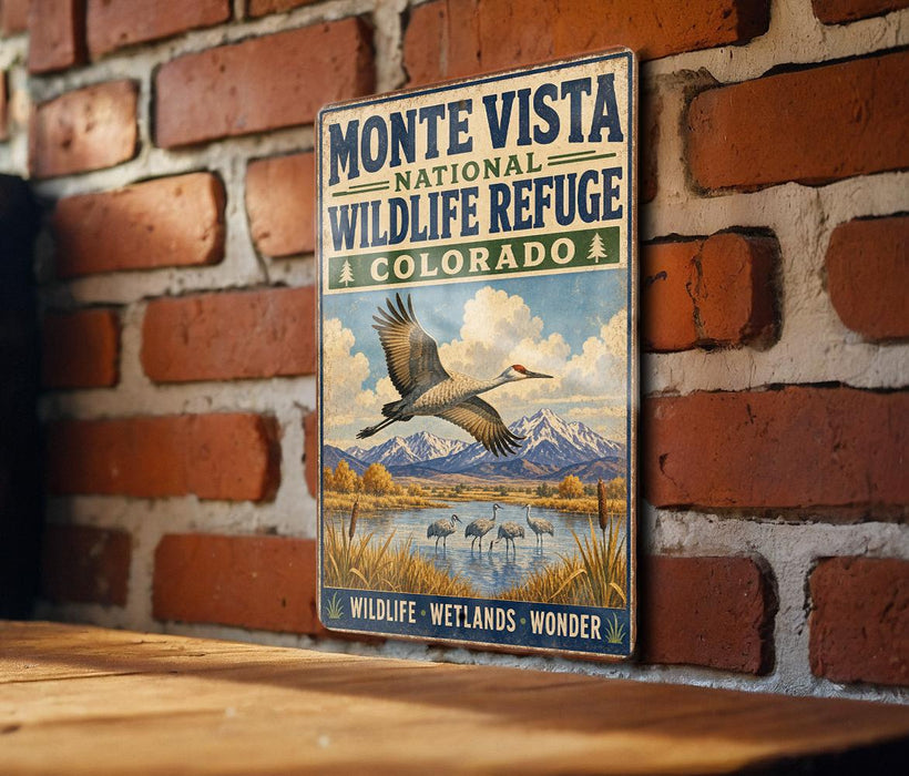 A vintage-style metal sign for the Monte Vista National Wildlife Refuge in Colorado, featuring an illustration of a bird in flight over a scenic landscape.
