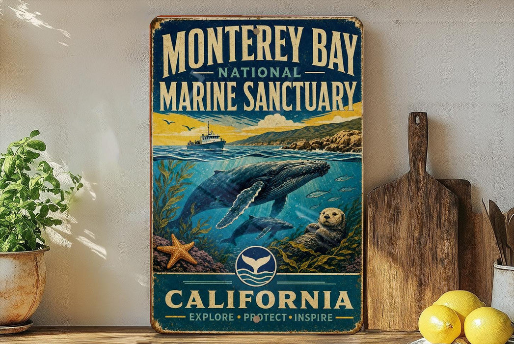A vintage-style metal sign for Monterey Bay National Marine Sanctuary, featuring an illustration of marine life and the text "California" and "Explore, Protect, Inspire".