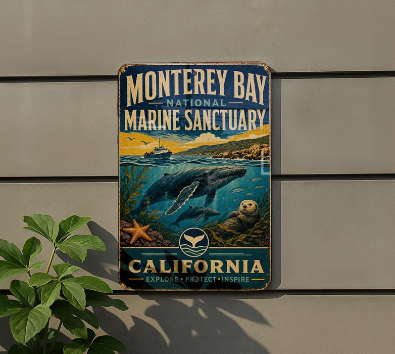 A vintage-style metal sign for Monterey Bay National Marine Sanctuary, featuring an illustration of marine life and the text "California" and "Explore, Protect, Inspire".