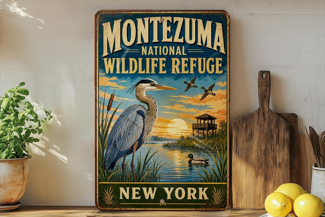 A vintage-style metal sign for the Montezuma National Wildlife Refuge in New York, featuring an illustration of a heron and ducks in a lake at sunset.