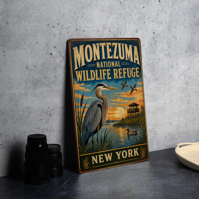A vintage-style metal sign for the Montezuma National Wildlife Refuge in New York, featuring an illustration of a bird and a sunset over a lake.