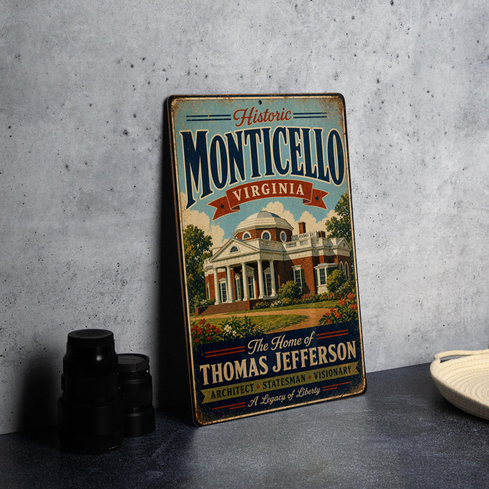 A vintage metal sign for the historic Monticello, Virginia, featuring an illustration of the Thomas Jefferson mansion and the text "The Home of Thomas Jefferson Architect Statesman Visionary A Legacy of Liberty".