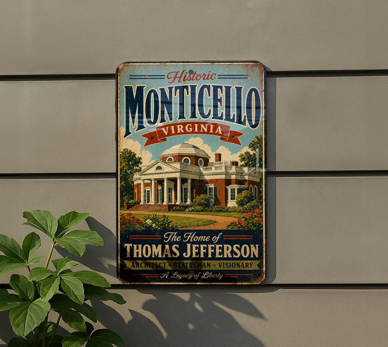 A vintage metal sign for Historic Monticello, Virginia, featuring an illustration of Thomas Jefferson's home.