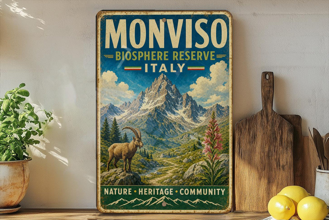 a vintage-style metal sign with a mountain landscape and a goat, placed on a shelf next to a wooden cutting board and some lemons.
