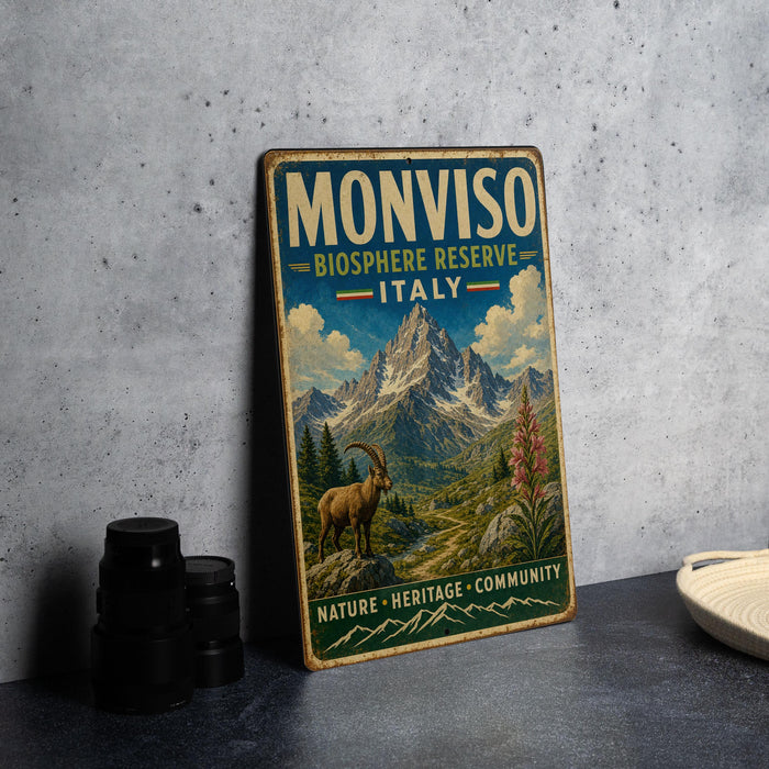 A vintage-style metal sign with a mountain landscape and a goat, advertising the Monviso Biosphere Reserve in Italy.