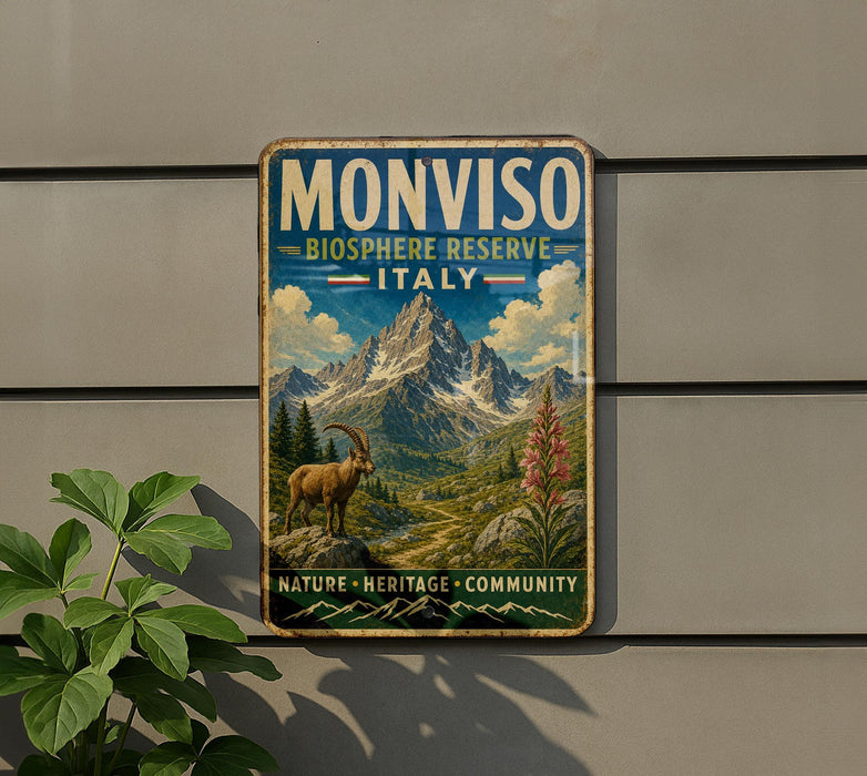 A vintage-style metal sign with a mountain landscape and a goat, mounted on a wall.