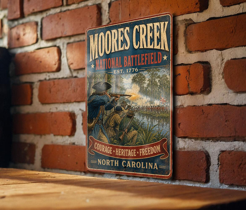 A vintage metal sign for Moore's Creek National Battlefield, featuring a historical battle scene with soldiers and a river.