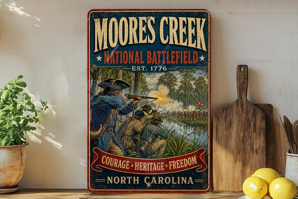 A vintage-style metal sign for Moore's Creek National Battlefield, featuring a painting of soldiers in historical attire and a banner that reads "Courage - Heritage - Freedom - North Carolina".