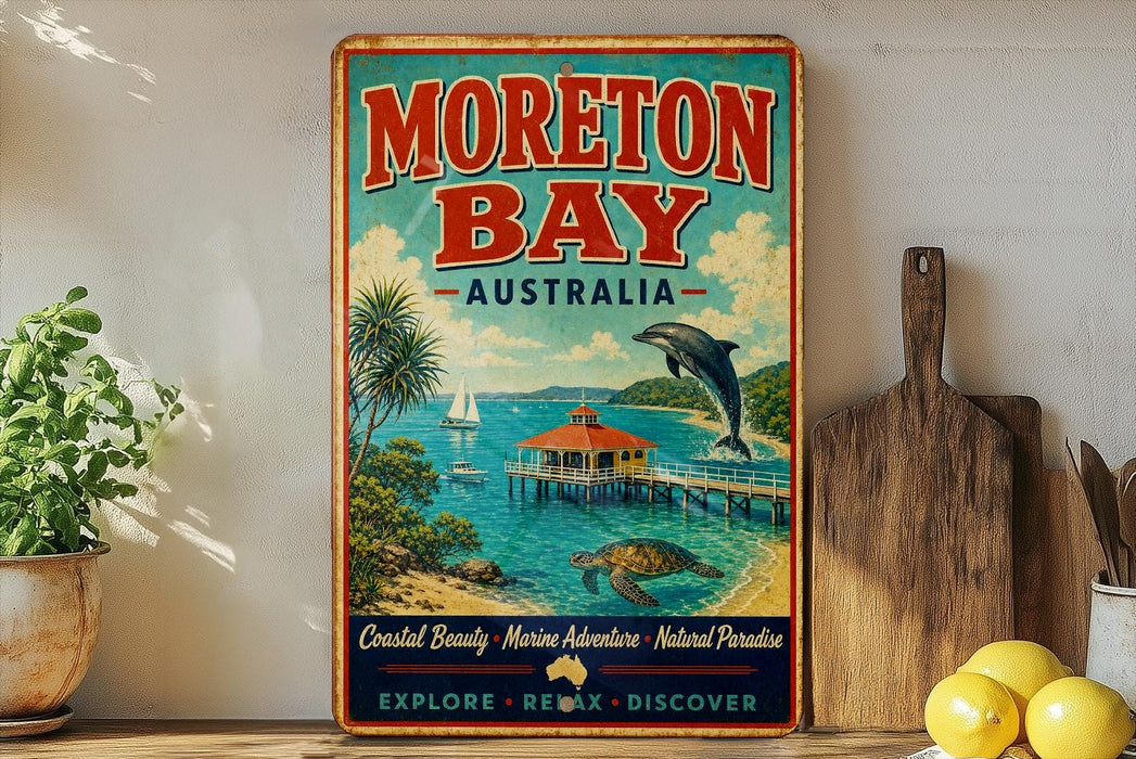 a vintage-style poster of Moreton Bay, Australia, with a tropical beach scene and a dolphin jumping out of the water. The poster is displayed on a shelf next to a wooden cutting board and a potted plant.
