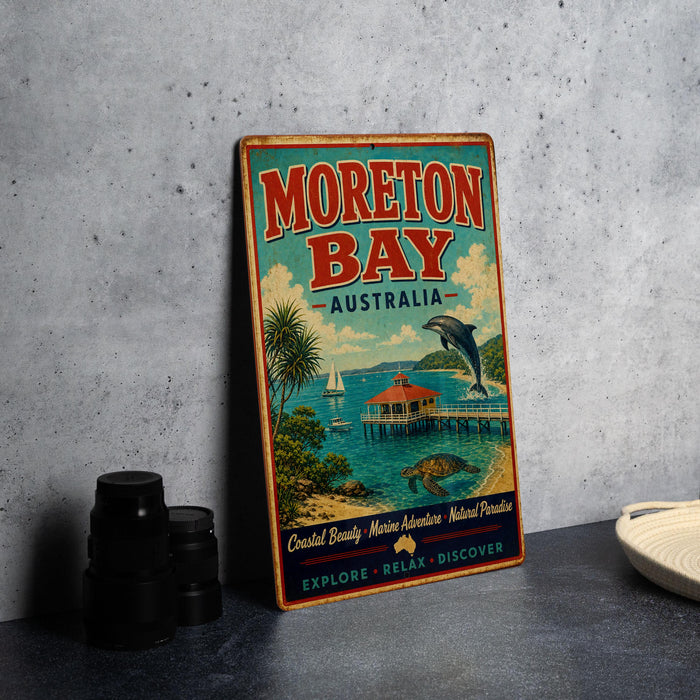 a vintage-style sign for Moreton Bay, Australia, with a tropical beach scene and a dolphin in the background.