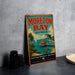 a vintage-style sign for Moreton Bay, Australia, with a tropical beach scene and a dolphin in the background.