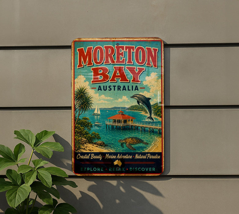 A vintage-style metal sign for Moreton Bay, Australia, featuring a beach scene with a dolphin, palm trees, and a pier.