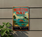A vintage-style metal sign for Moreton Bay, Australia, featuring a beach scene with a dolphin, palm trees, and a pier.