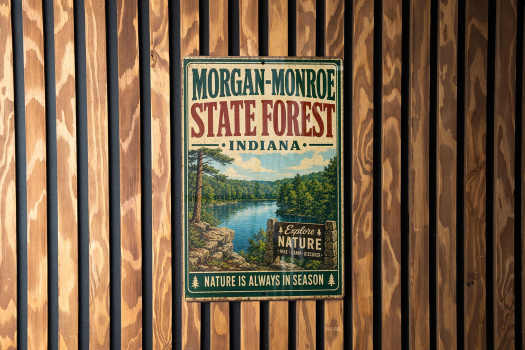 A vintage-style metal sign for Morgan-Monroe State Forest in Indiana, featuring a scenic image of a forest and a lake.