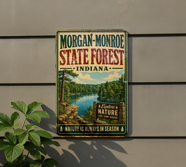 a vintage-style metal sign for Morgan-Monroe State Forest, Indiana, with a scenic landscape of a river and trees.
