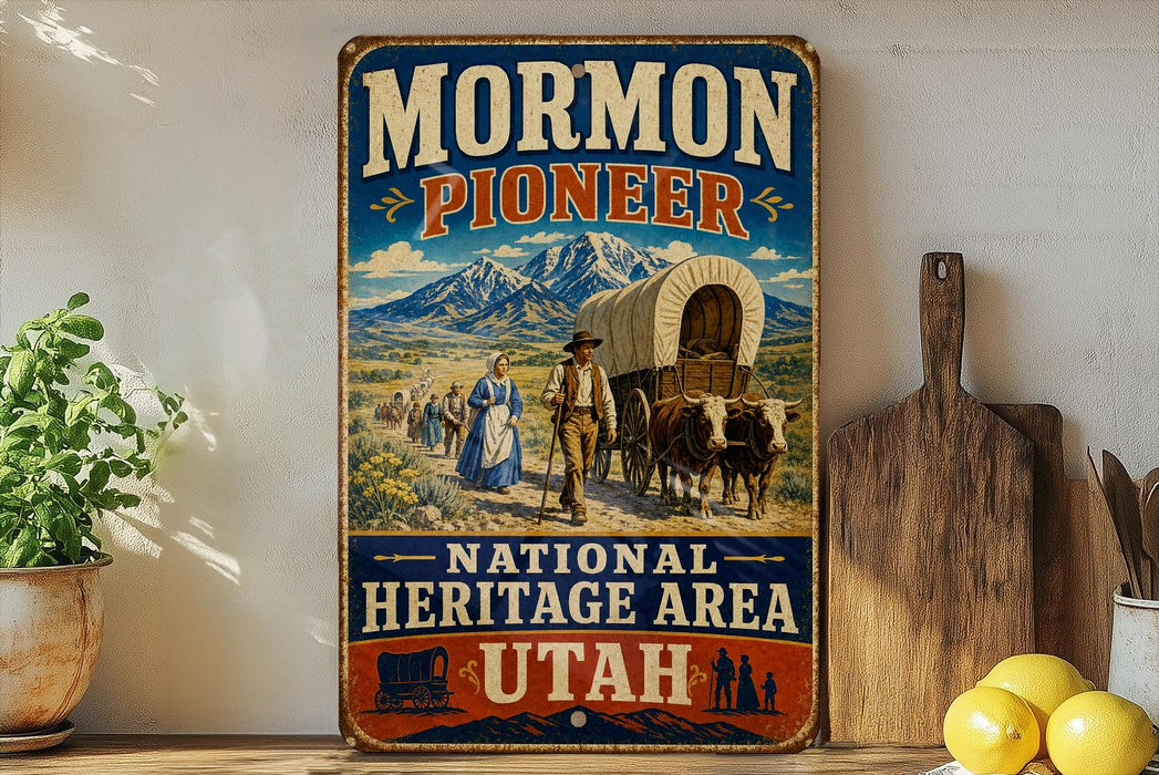 A vintage-style metal sign for the Mormon Pioneer National Heritage Area in Utah, featuring an illustration of a covered wagon and people traveling through a scenic landscape.