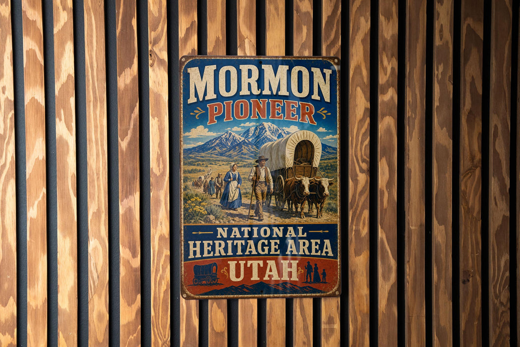 A vintage-style metal sign with the text "MORMON PIONEER NATIONAL HERITAGE AREA UTAH" displayed on a wooden wall.