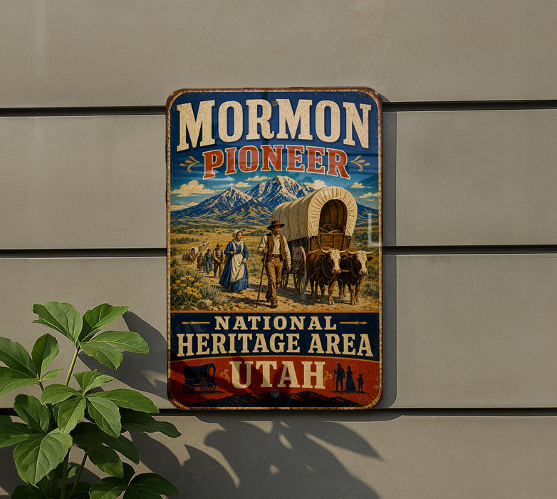A vintage-style metal sign for the Mormon Pioneer National Heritage Area in Utah, featuring a wagon train and a mountain landscape.