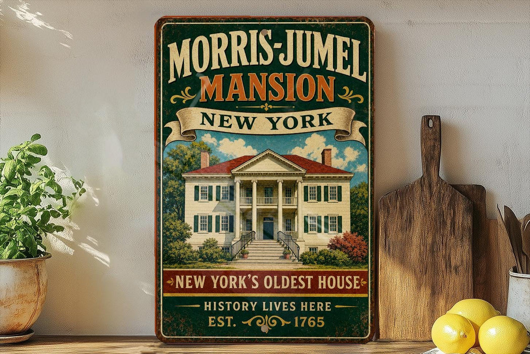 A vintage-style sign for the Morris-Jamel Mansion in New York, featuring a large illustration of the mansion and text describing it as the "Oldest House" and "History Lives Here".