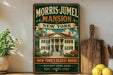 A vintage-style sign for the Morris-Jamel Mansion in New York, featuring a large illustration of the mansion and text describing it as the "Oldest House" and "History Lives Here".