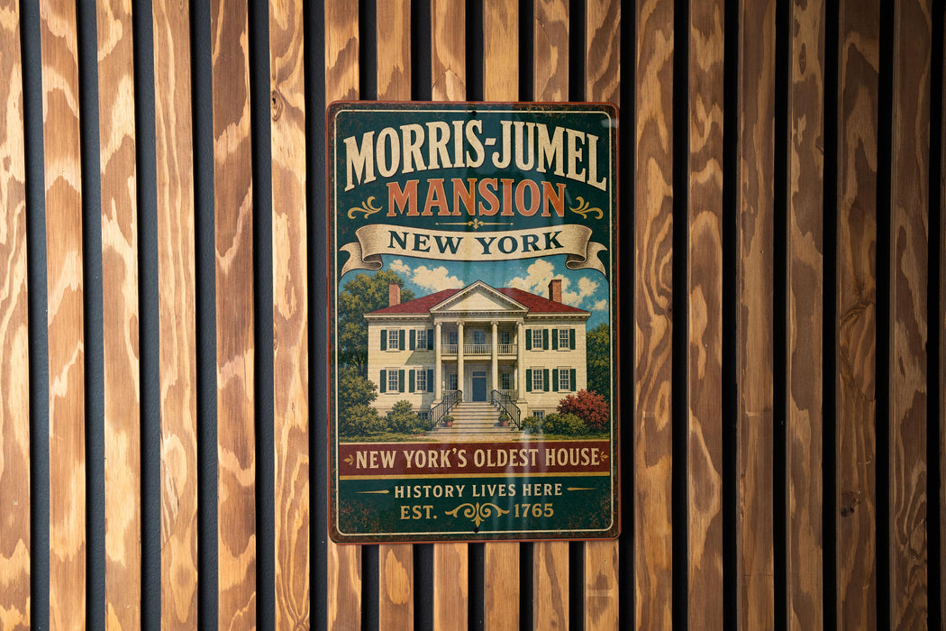 A vintage-style metal sign for the Morris-Jamel Mansion in New York, featuring an illustration of the mansion and text indicating its historical significance.