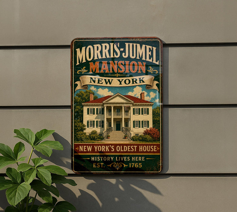 A vintage-style metal sign for the Morris Jamel mansion in New York, featuring an illustration of the mansion and a banner that reads "New York's Oldest House".
