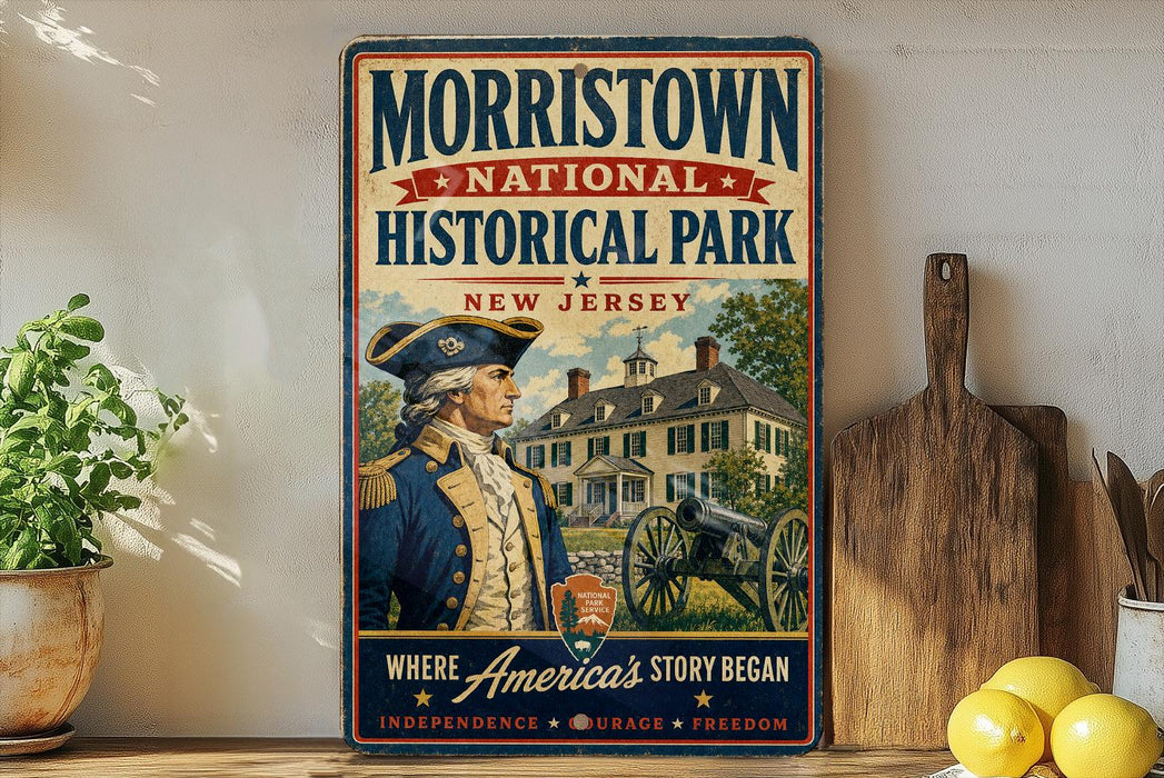 A vintage-style poster advertising Morristown National Historical Park, featuring a man in a military uniform and a cannon, with the text "Where America's Story began" and "Independence, Urage, Freedom".