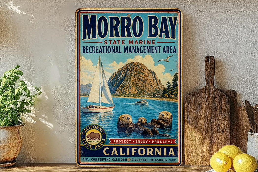A vintage-style metal sign for Morro Bay State Marine Recreational Management Area, featuring a sailboat, sea lions, and a mountain landscape.