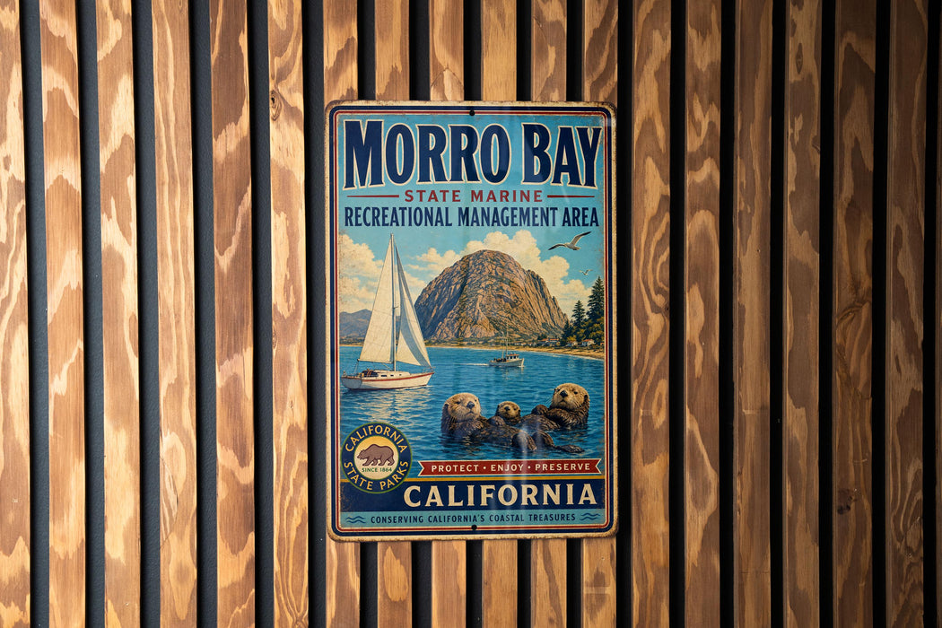 A vintage metal sign for Morro Bay State Marine Recreational Area, featuring a sailboat and sea otters, is displayed on a wooden wall.