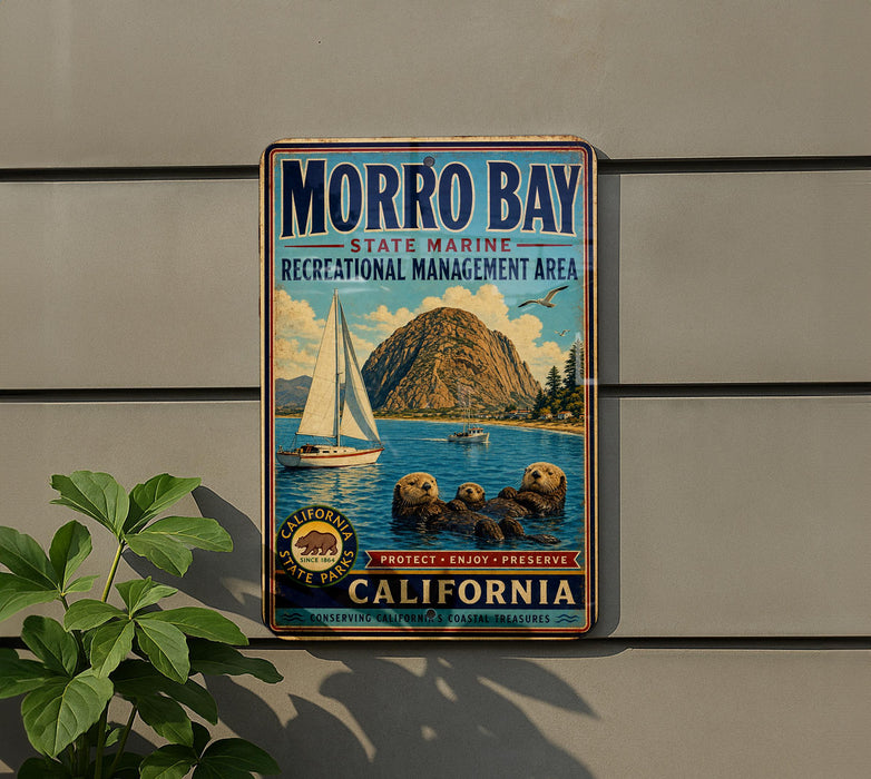 A vintage-style metal sign for Morro Bay State Marine Recreational Management Area, featuring a sailboat and sea otters, is displayed on a wall next to a plant.